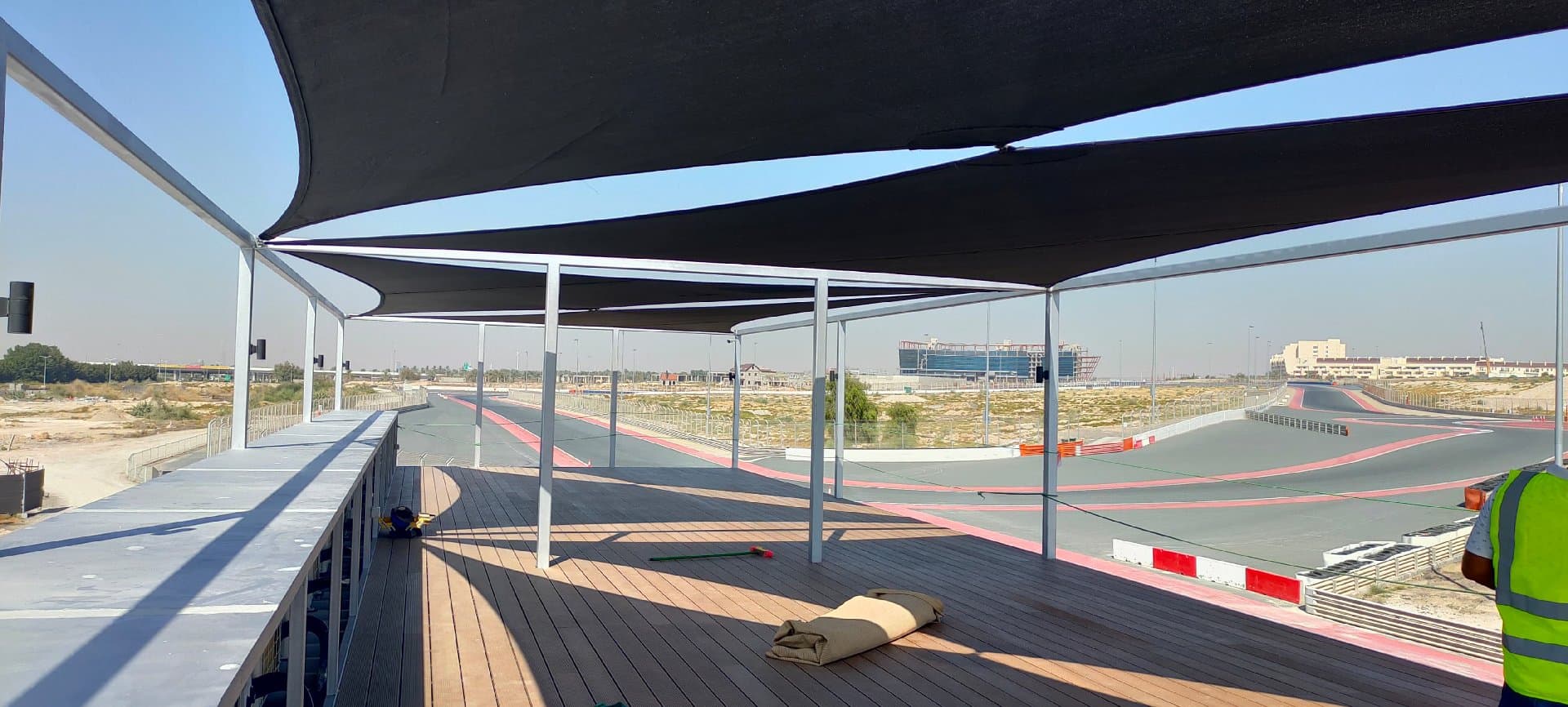 Tensile Shade Supply & Installation — Container Cafe Structure, Motor City, Dubai